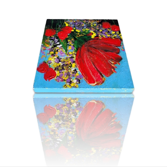 Original Red Poppy Flower Acrylic Painting on Upcycled Square Wood Board - Picture 4 of 13